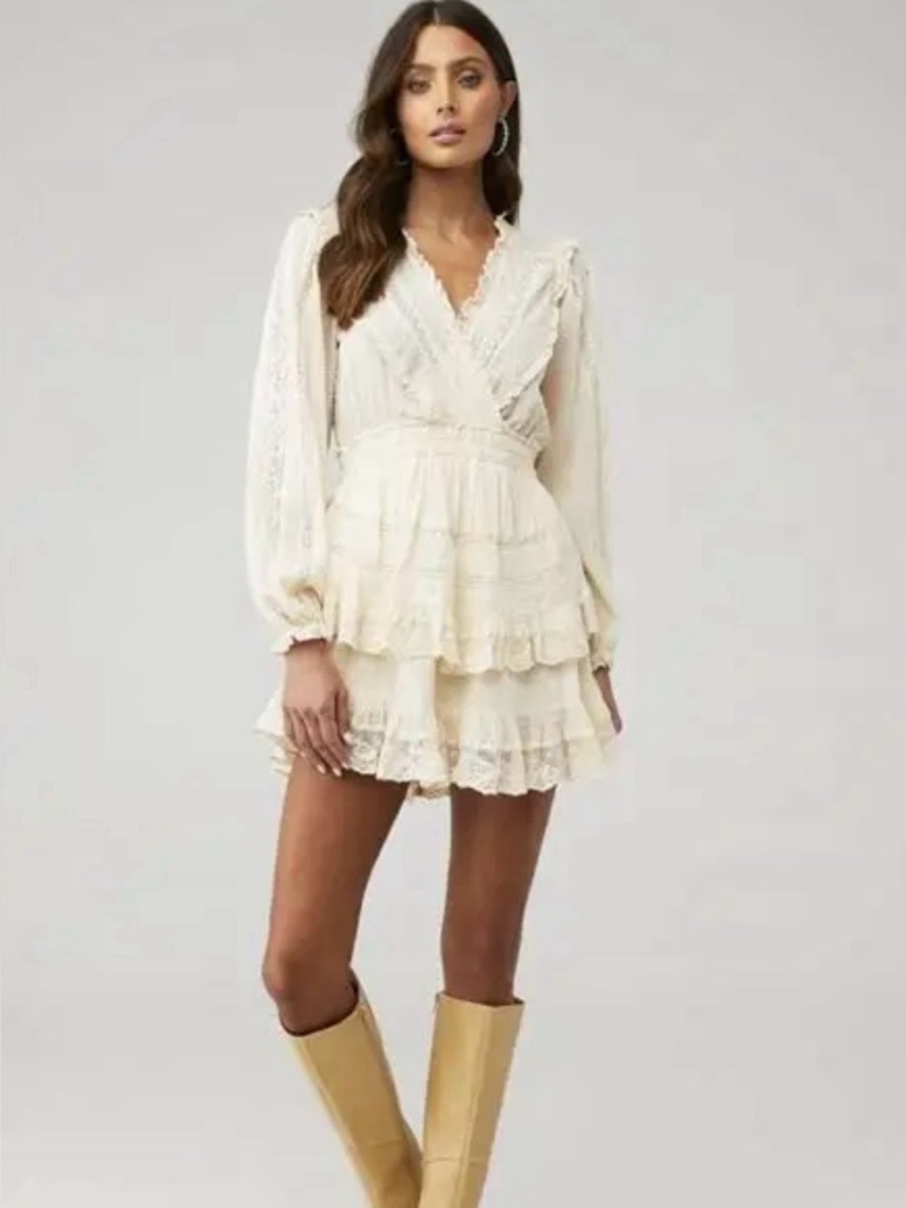 LoveShackFancy Cream Lace Tiered Wrap Mini Dress
